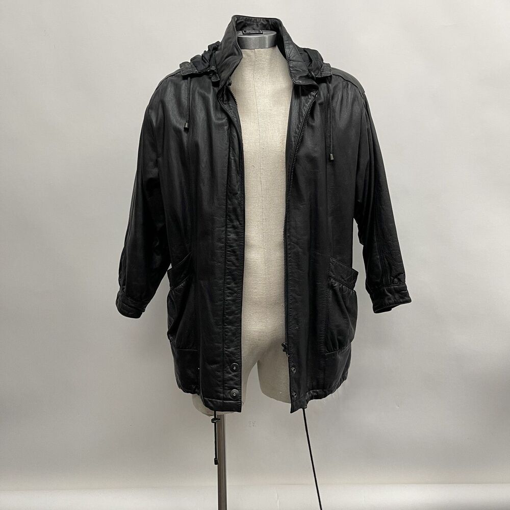 Jacqueline Ferrar Women's Genuine Leather Bomber‎ Jacket Medium Black Hooded